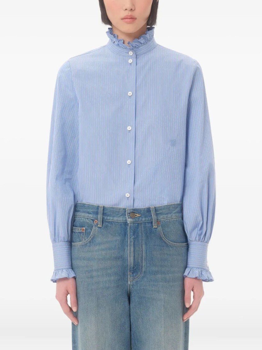 Valentino Classic Striped Cotton Top With Ruffled Collar In Blue