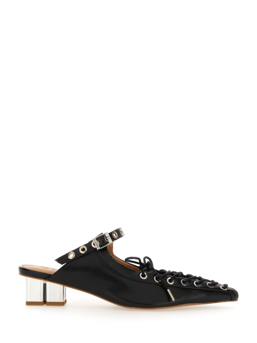 Shop Ganni Pointed Toe Lace-up Mules In Black
