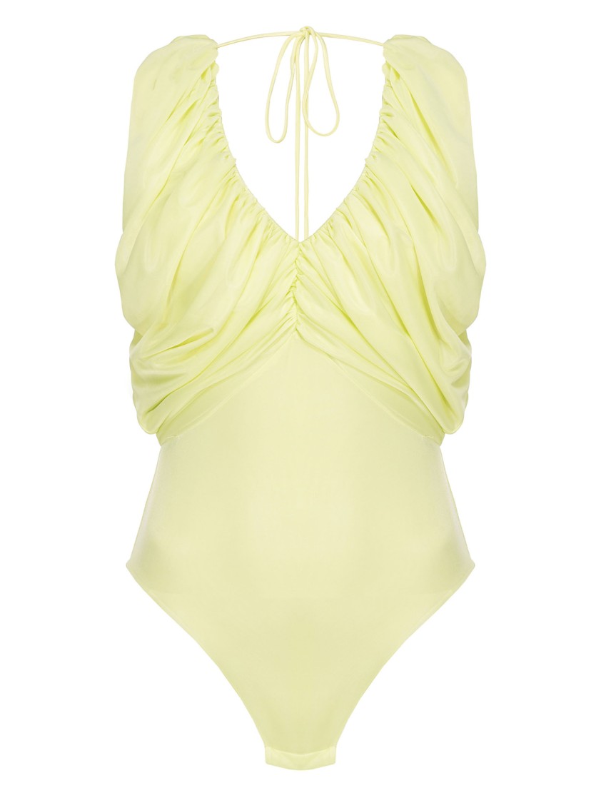 Pinko Gathered V-neck Bodysuit With Back Drawstring In Yellow
