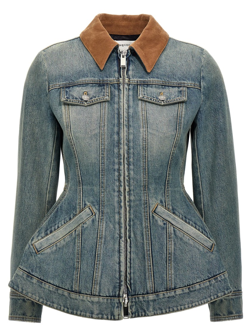 Alexander Mcqueen Corduroy Collar Peplum Denim Jacket Clothing In Blue