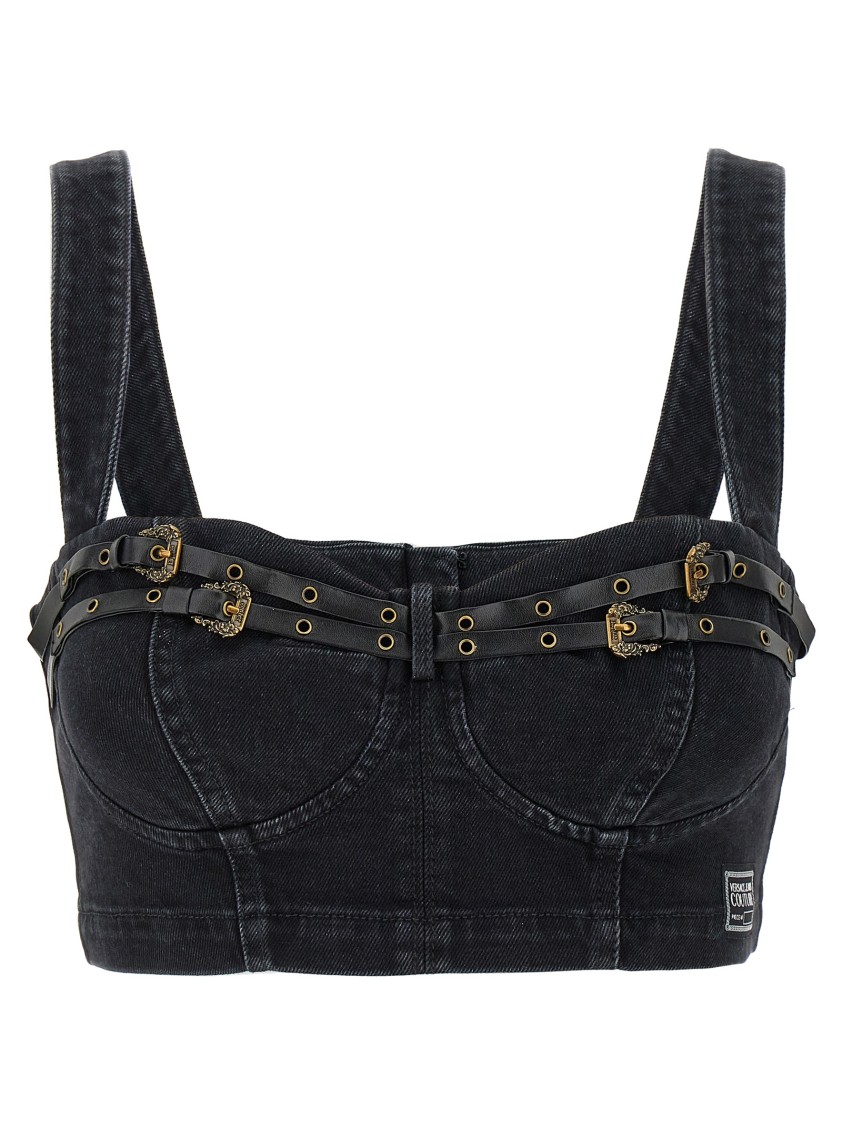 Versace Jeans Couture Baroque Buckle Denim Top With Heart Neck In Black