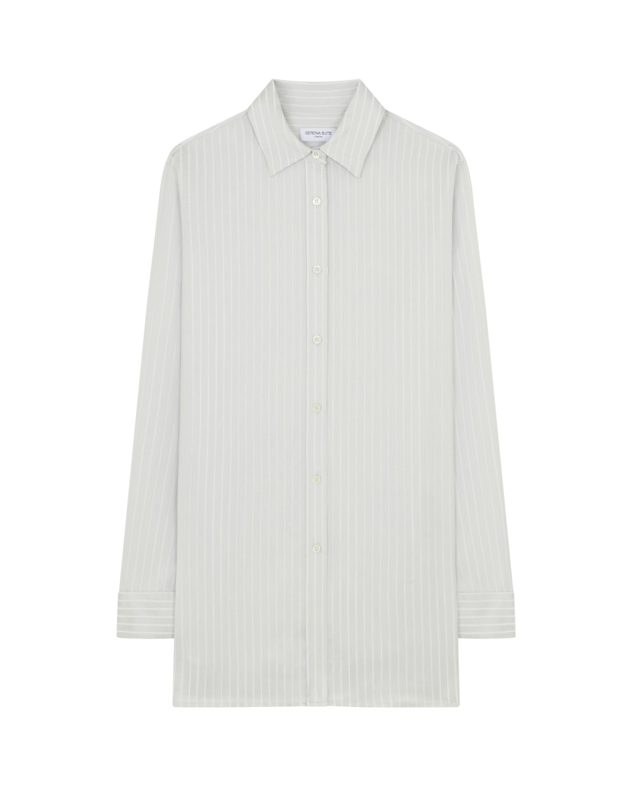 Serena Bute Satin Stripe Open Back Shirt - Silver In White