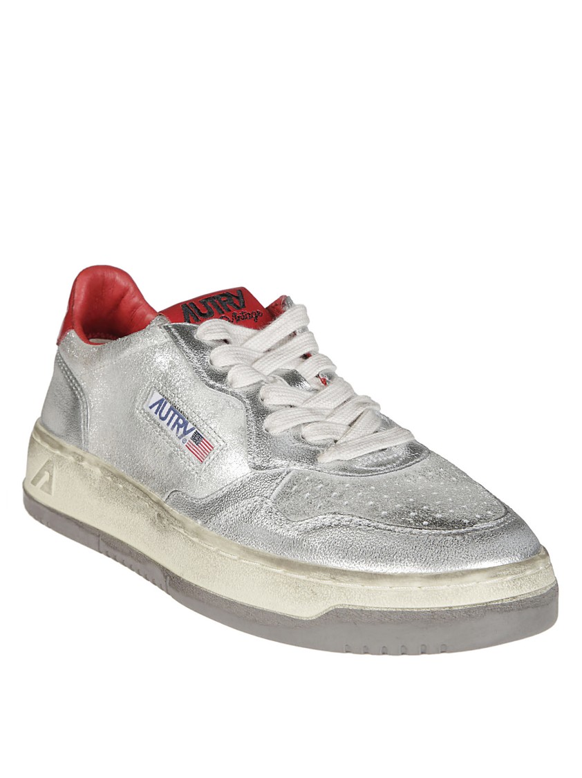 Autry Metallic Silver Sneakers With Textured Finish And Contrasting Red Accents In Multi
