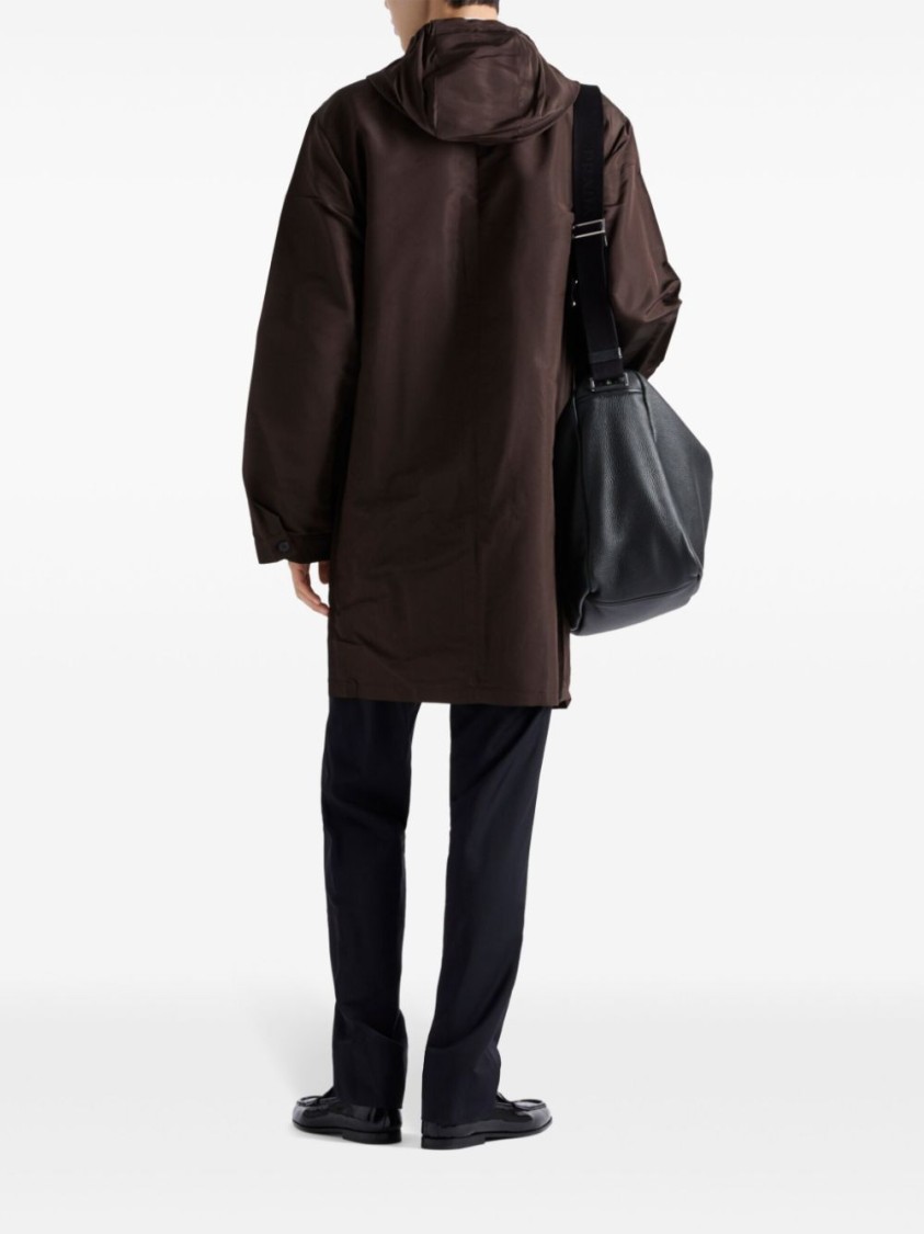Prada Mid-thigh Brown Zip-up Coat With Hood And Subtle Branding In Black