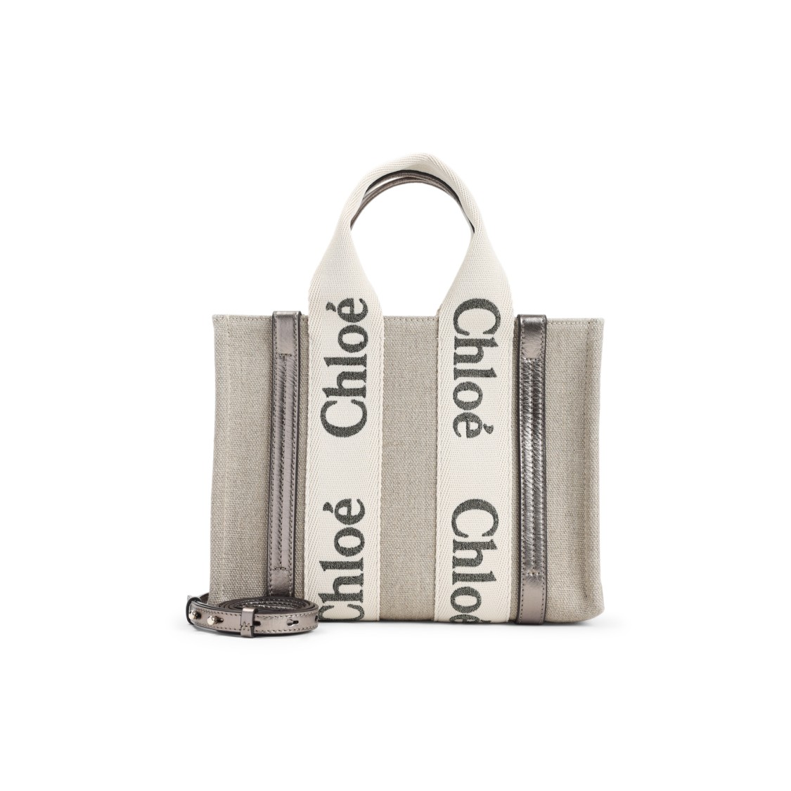 Shop Chloé Shiny Grey Linen Woody Bag
