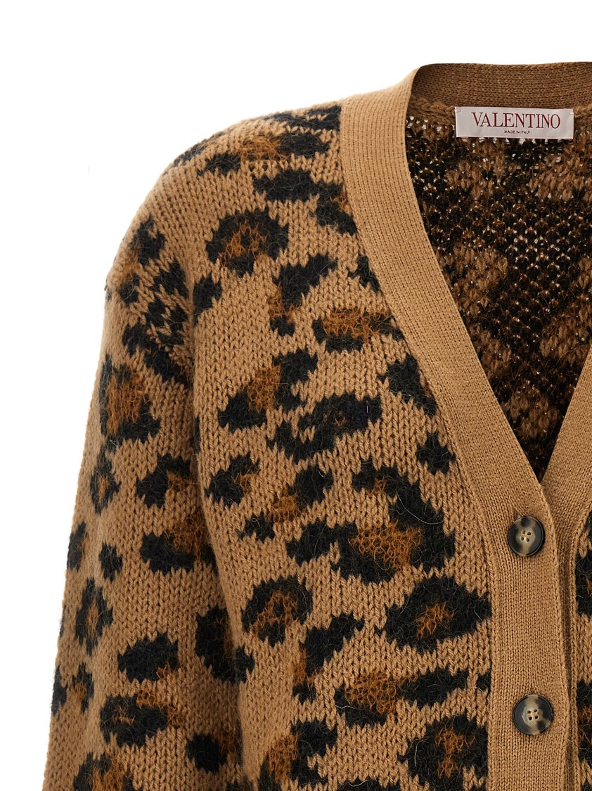 Valentino V-neck Animalier Cardigan Front Pockets In Brown