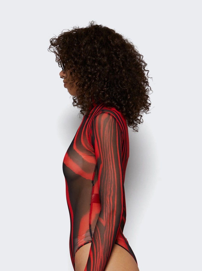 DAVID KOMA DAVID KOMA PRINTED MESH BODYSUIT RED AND BLACK