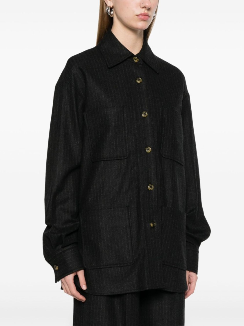 Le Sully Studio Pinstriped Wool Blend Shirt With Patch Pockets In Black