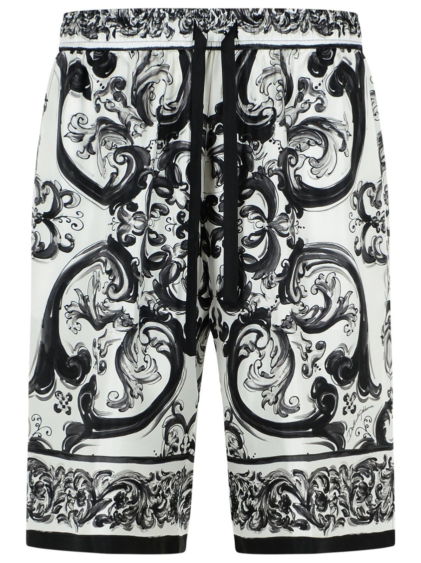 Dolce & Gabbana Maiolica Black And White Shorts With Elastic Drawstring Closure And All-over Print In Silk Man In Black
