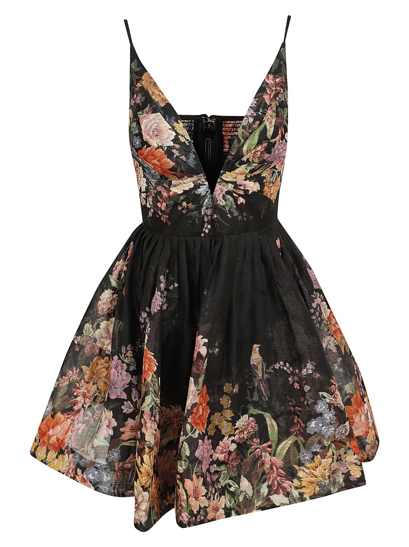 Zimmermann Pavilion Pleated Floral-print Linen And Silk-blend Mini Dress In Black