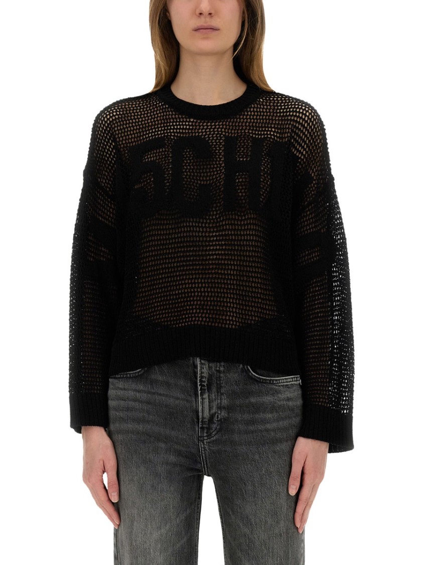 Moschino Logo Mesh Oversize Crew Neck Shirt In Black