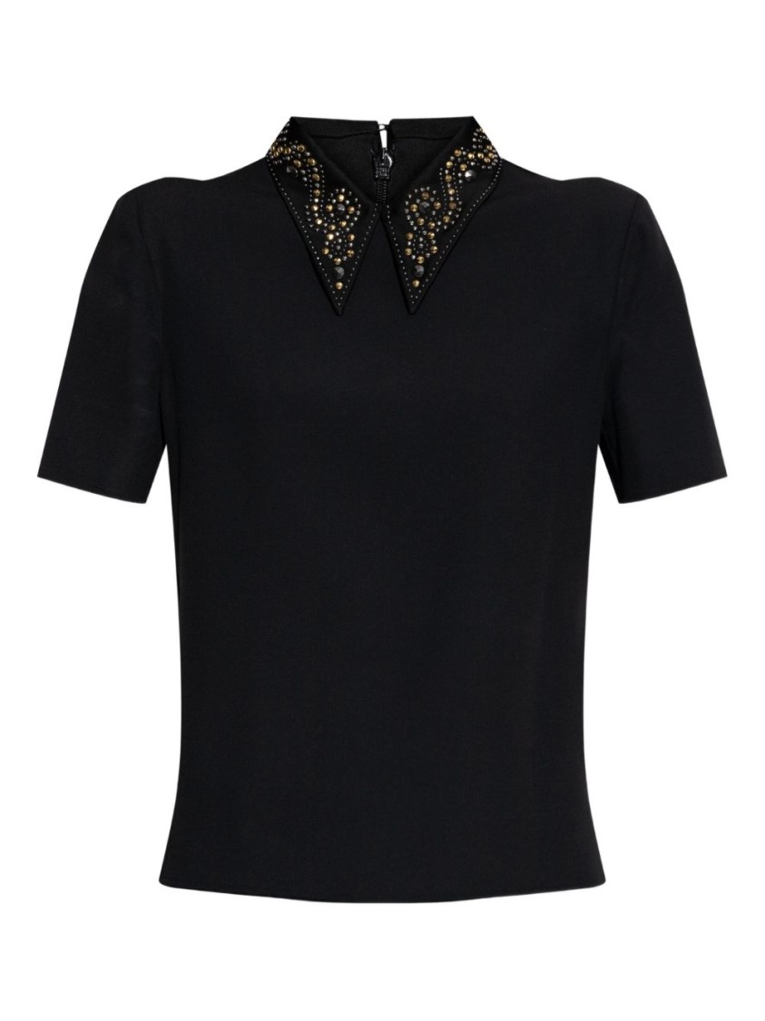 Versace Pointed Collar Black Shirt With Gold And Silver Embellishments In Black