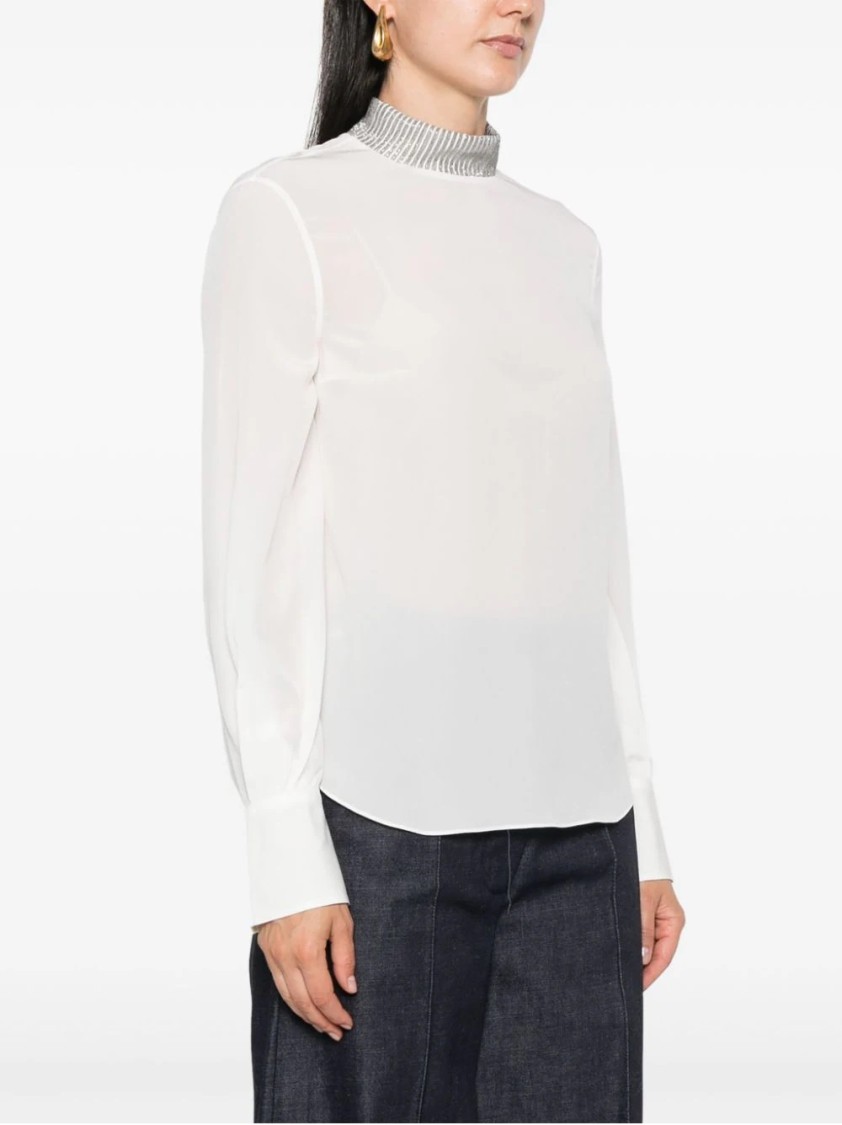 Brunello Cucinelli Long-sleeve Top With High Neckline And Shimmering Detail In White