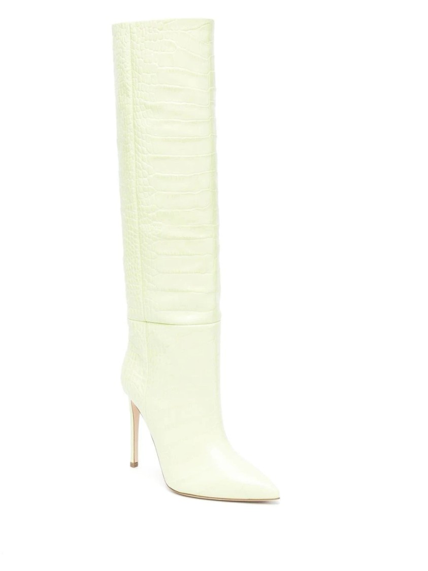 Paris Texas Textured Green Stiletto Long Boots In Yellow