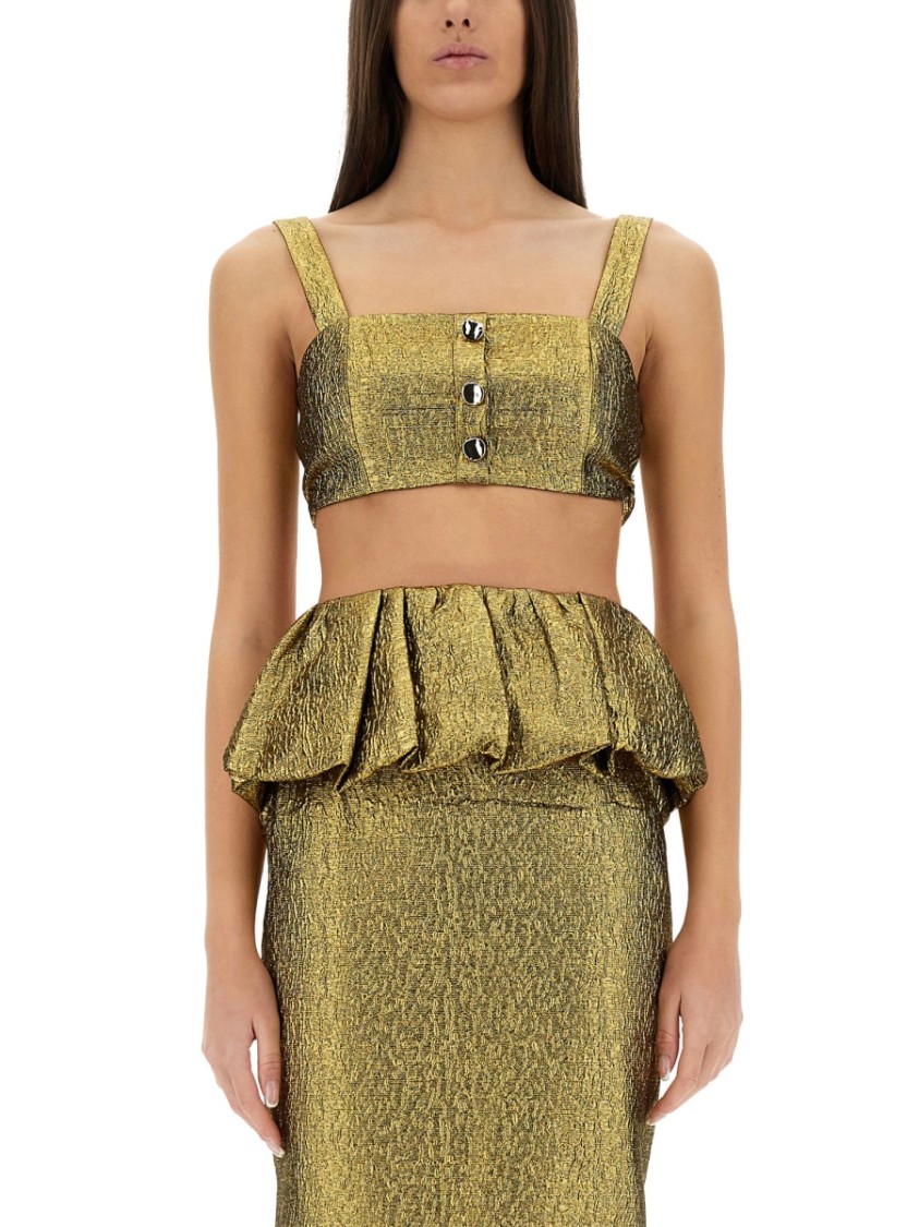 Self-portrait Metallic Jacquard Crop Top In Gold
