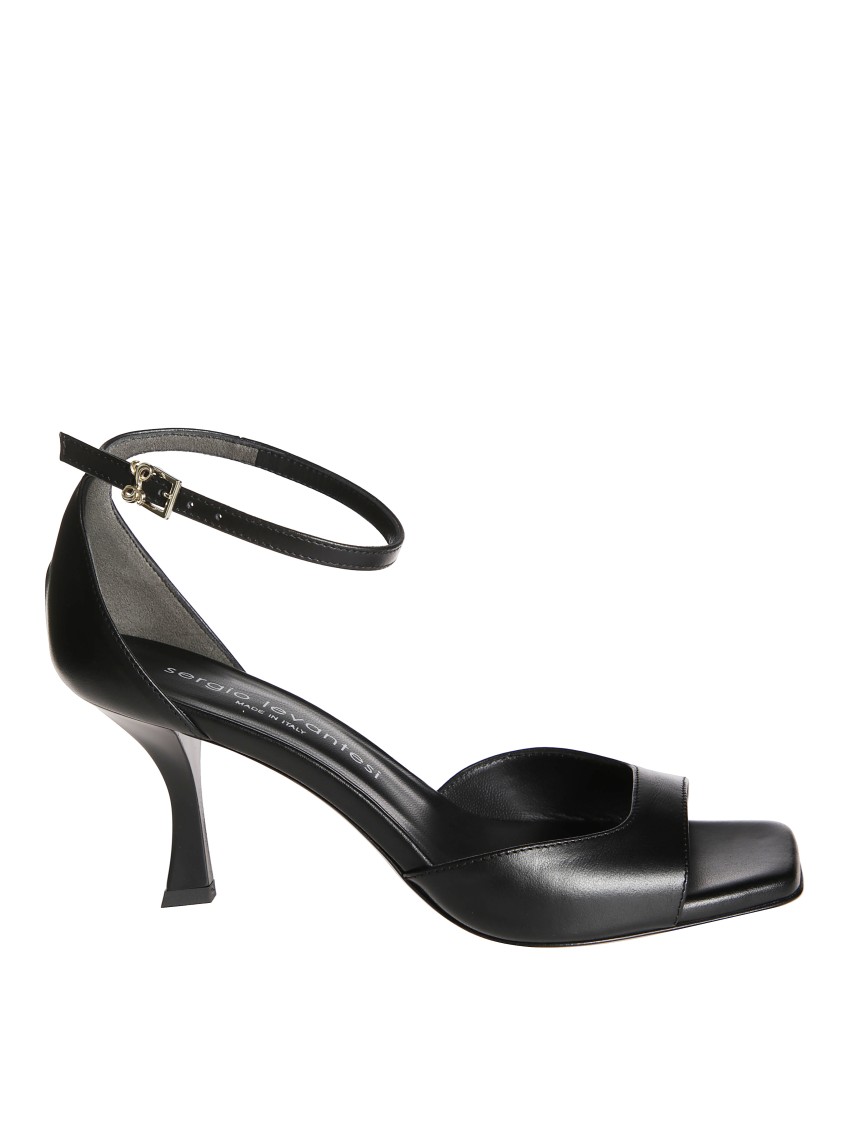 Sergio Levantesi Square-toe Black Leather Sandals With Ankle Strap
