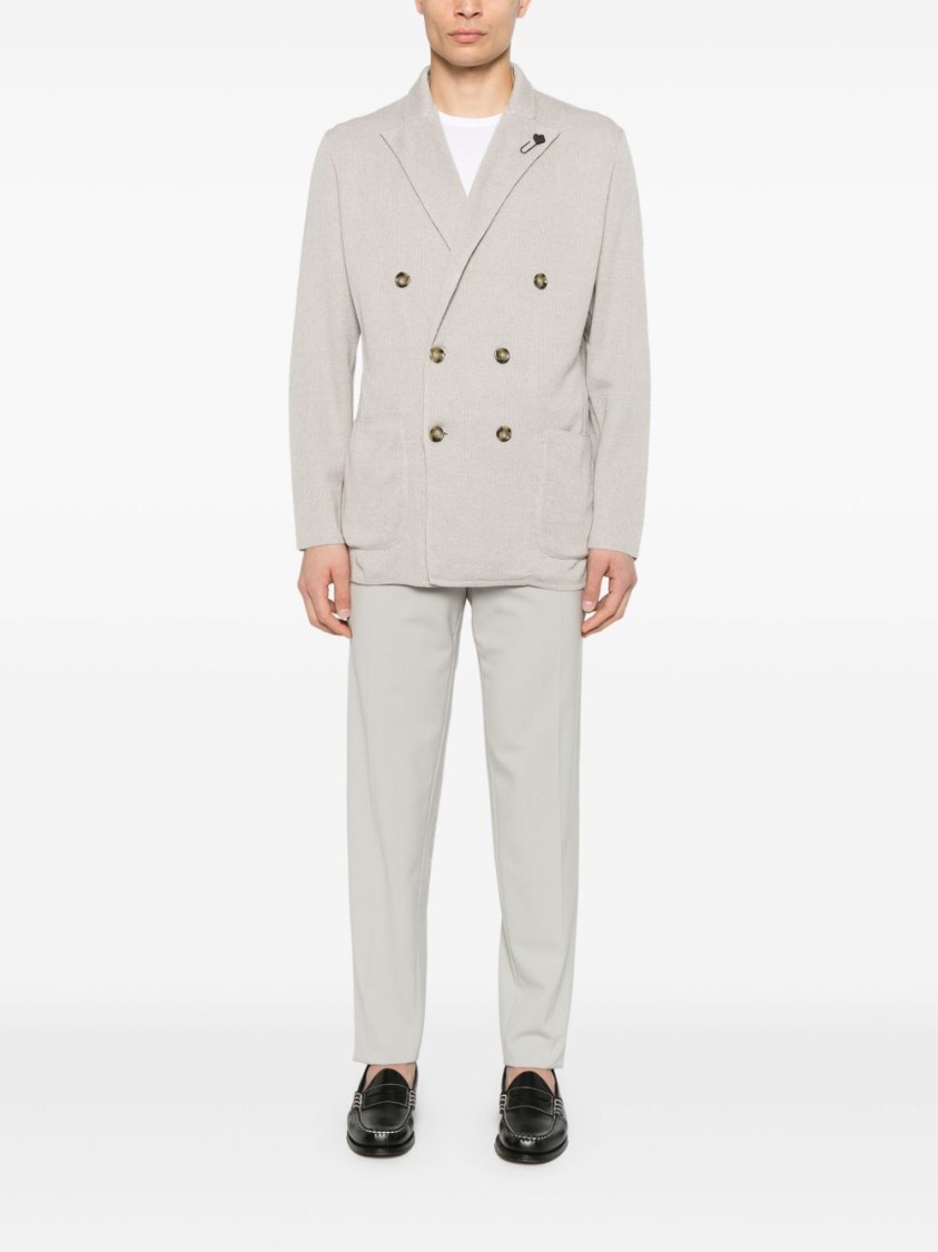 Lardini Double-breasted Linen Jacket With Brooch Detail And English Vents In Neutral