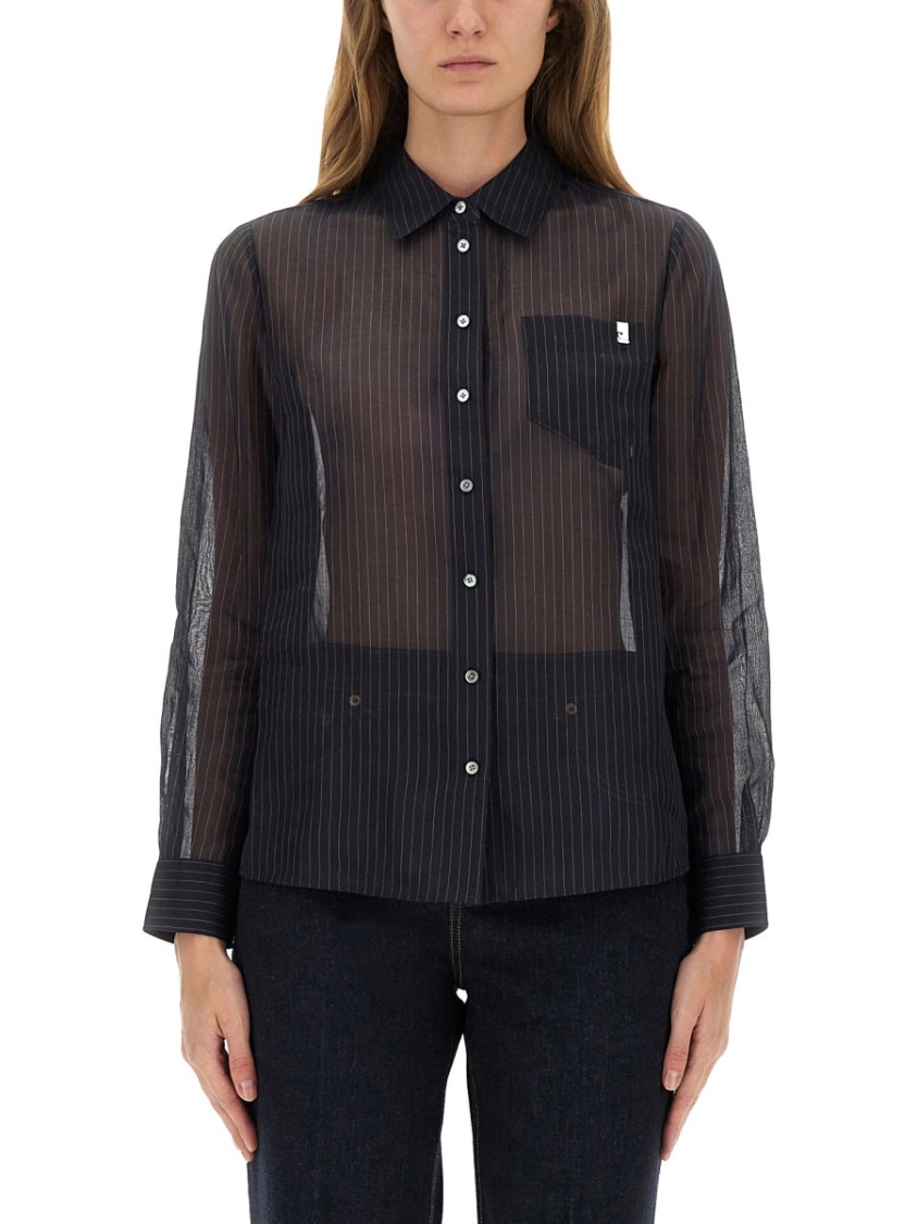Tory Burch Vertical Stripe Cotton Shirt With Classic Collar And Chest Pocket In Black