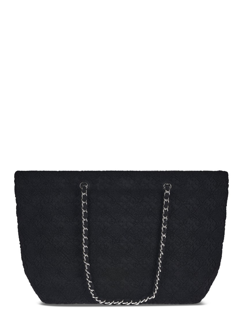 Tory Burch Textured Black Terry Chain Tote With Spacious Interior In Black