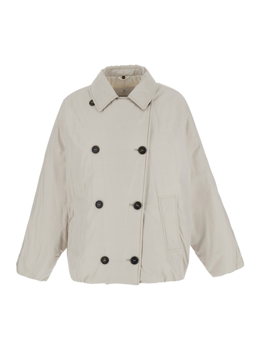 Brunello Cucinelli Beige Double-breasted Jacket With Spread Collar In Tech Fabric Woman In Neutrals