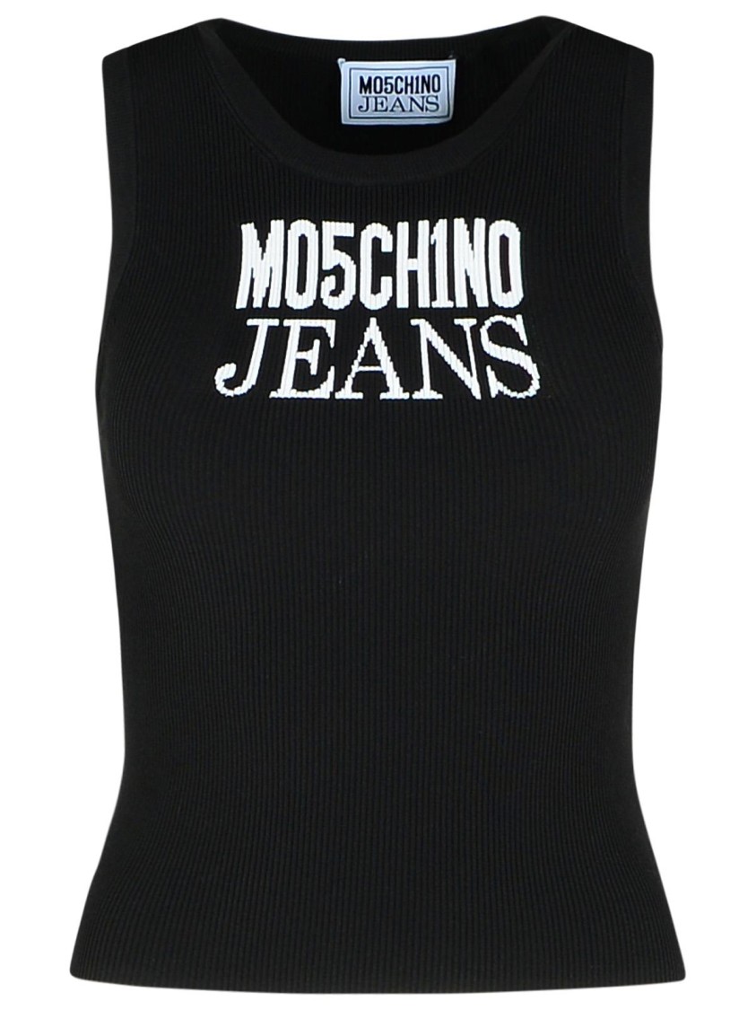 Moschino Jeans Logo Printed Knitted Tank Top In Black