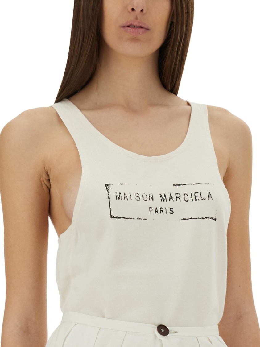 Maison Margiela Beige Top With Wide Neckline And Logo Printed On The Front In Viscose And Cotton Blend Woman