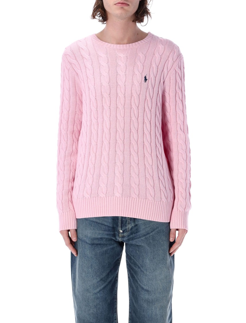 Shop Polo Ralph Lauren Caramel Pink Cable Knit Sweater With Ribbed Crew Neck