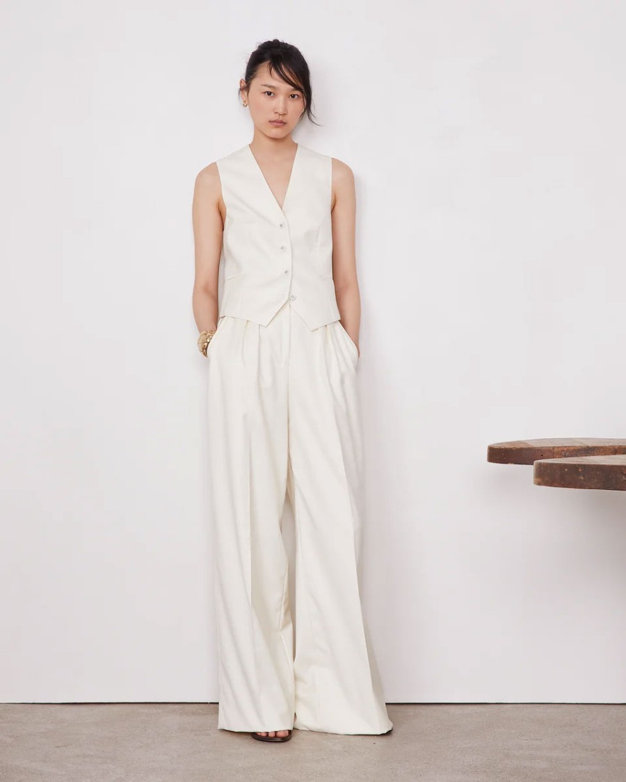Officine Generale High-waisted Wide Leg Pants With Double Pleats In White
