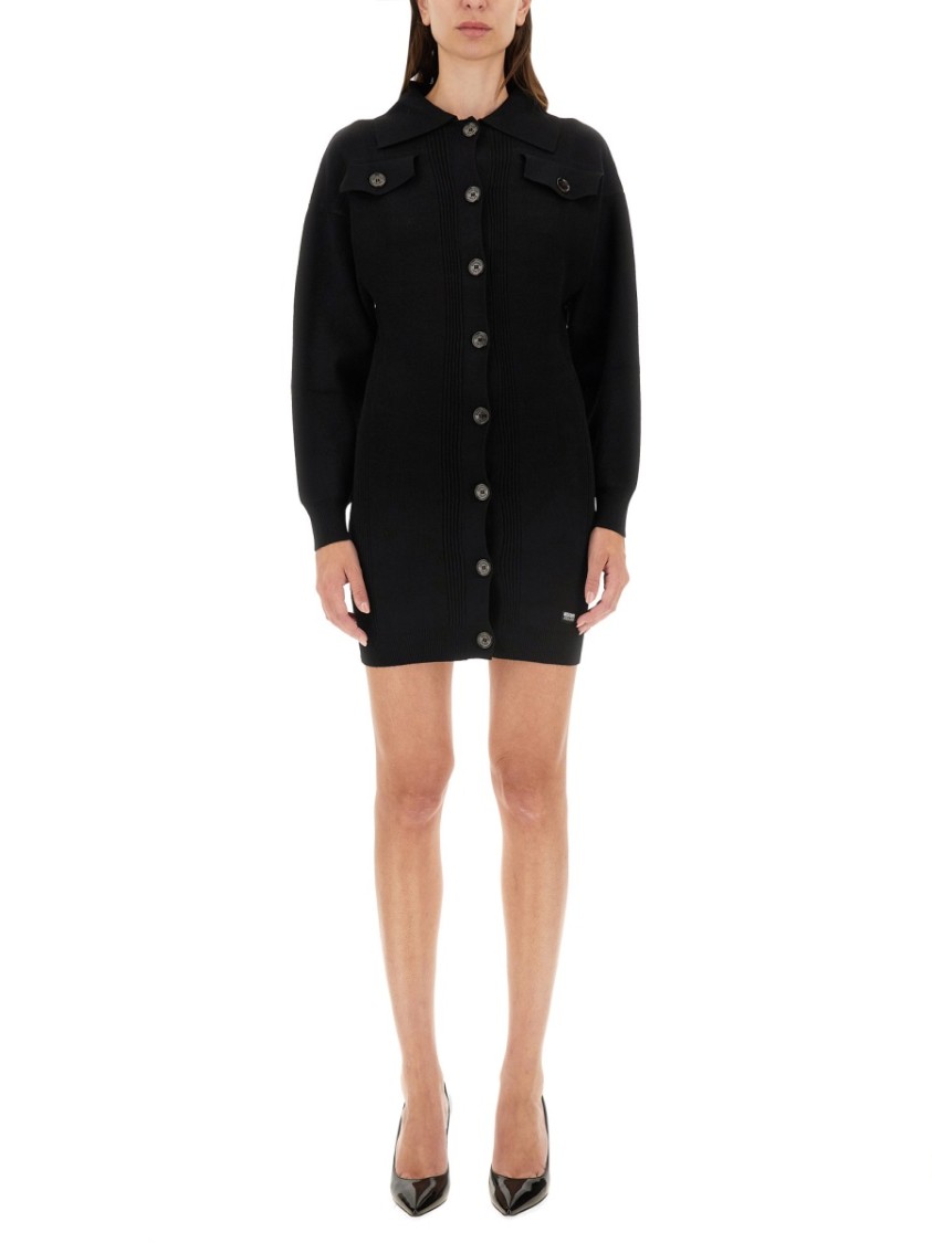Moschino Ribbed Mini Dress With Button-down Front In Black