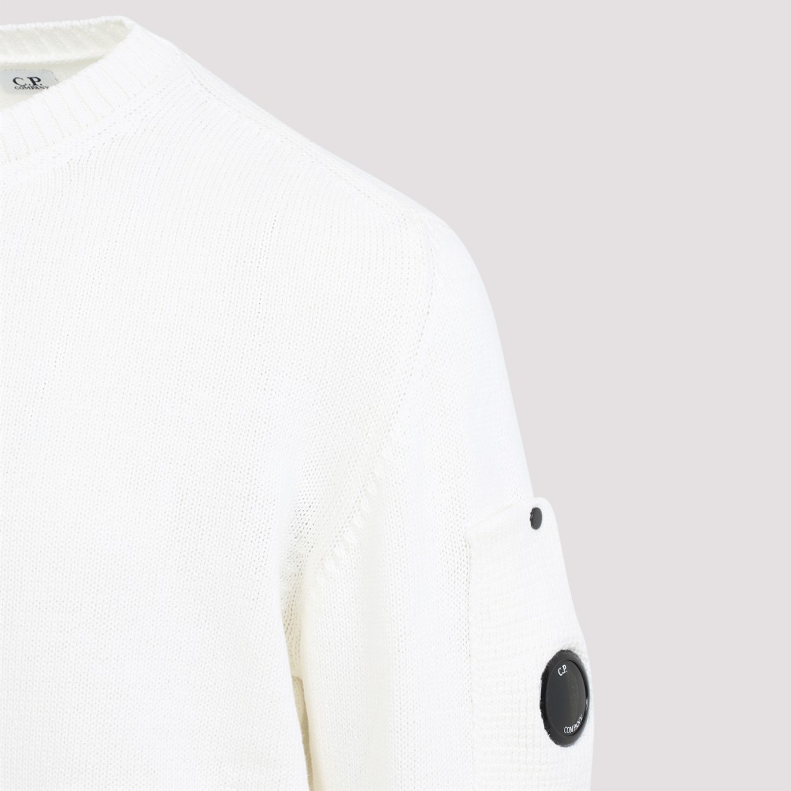 C.p. Company Crew Neck Sweater With Textured Finish And Logo Patch In White