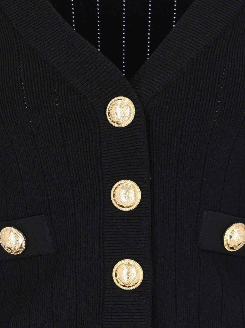 Balmain Black Ribbed Cardigan With Shoulder Pads And Logoed Metal Buttons