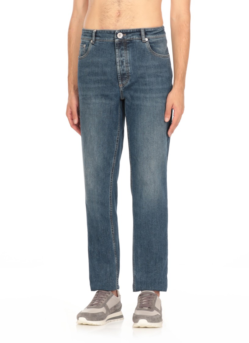 Brunello Cucinelli Light Blue Straight Leg Denim Jeans With Rolled Hem In Blue