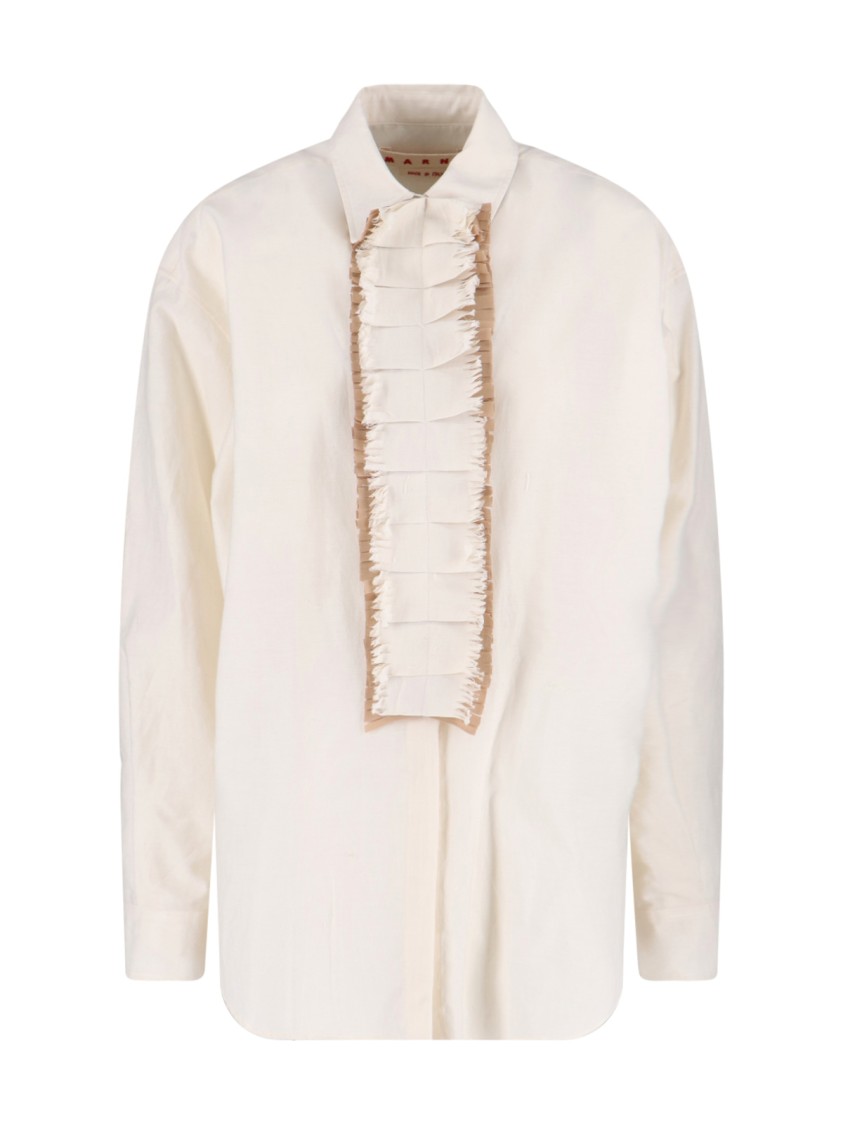 Marni Fringed Collared Top Long Sleeves In White