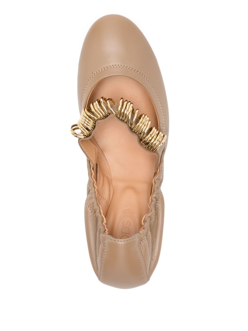 Tod's Metallic Rings Strap Nappa Leather Ballerinas In Neutrals