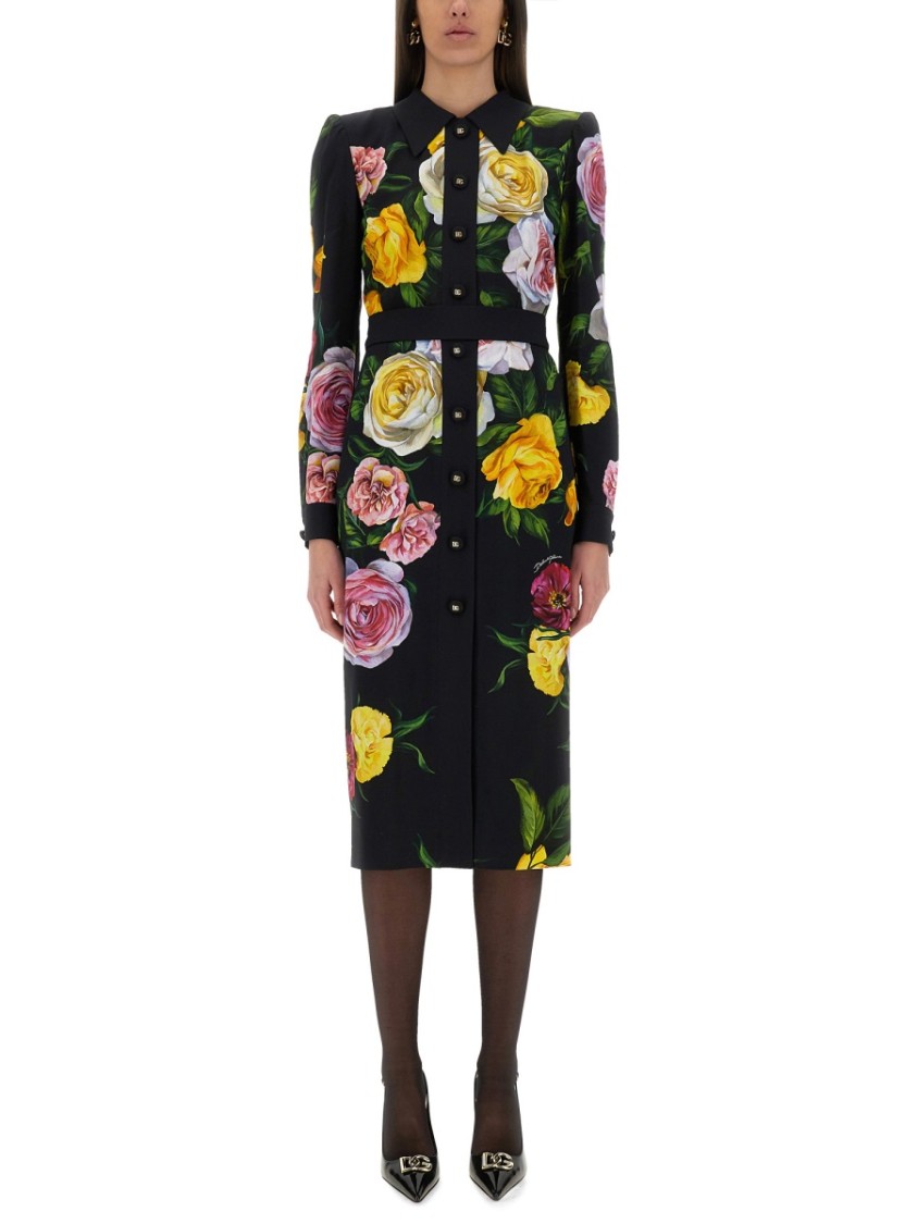 Dolce & Gabbana Calf-length Cady Shirt Dress With Peony And Rose Print In Black
