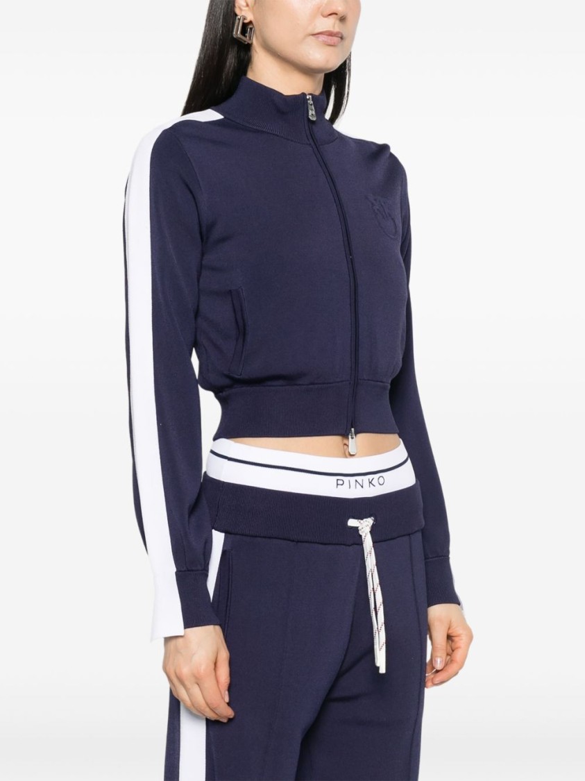 Shop Pinko Cropped Blue And White Sweater With High Collar