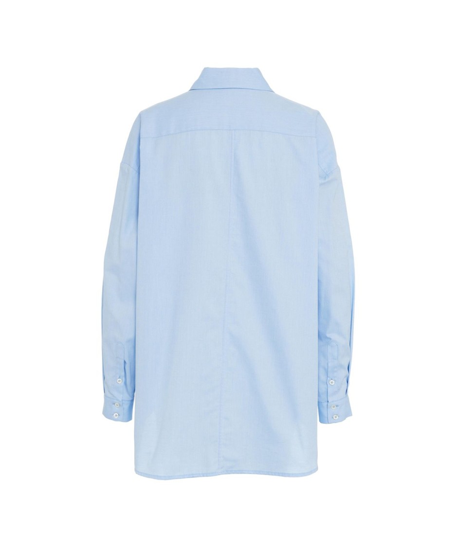 Ottod'ame Oversized Cotton Blouse With Kent Collar And Glitter Accents In Blue