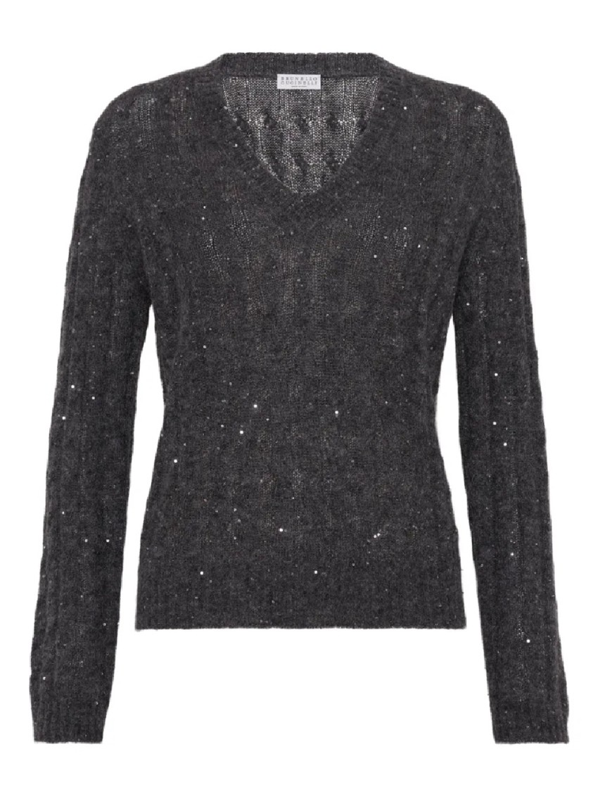 Brunello Cucinelli Textured Ribbed V-neck Sweater With Sparkling Details In Gray