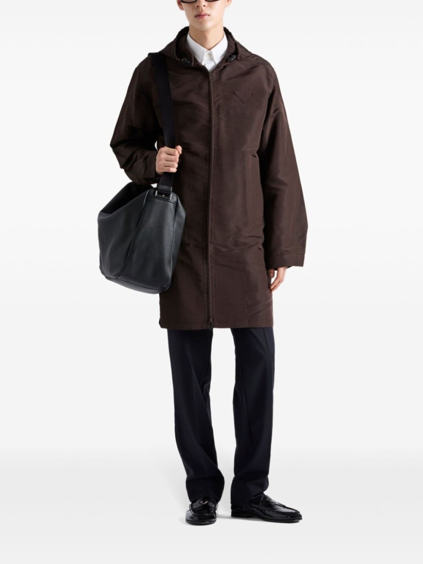 Prada Mid-thigh Brown Zip-up Coat With Hood And Subtle Branding In Black