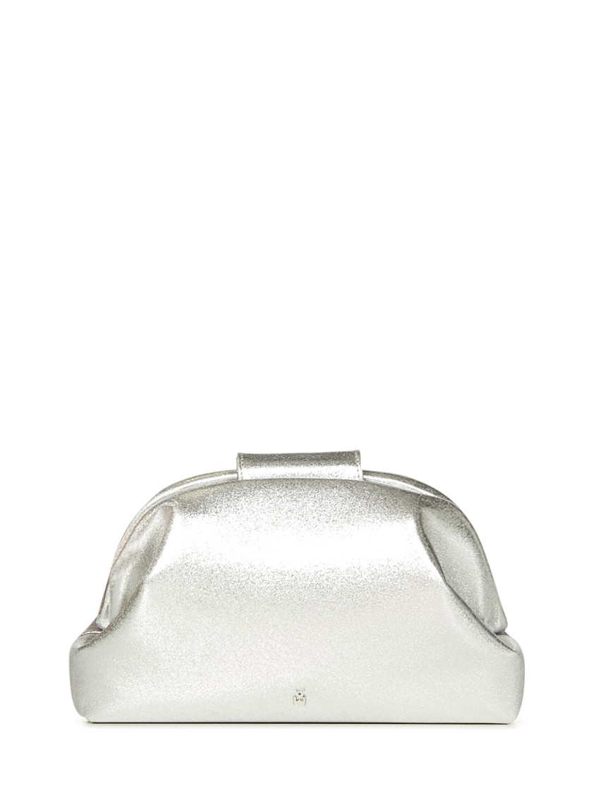 Amina Muaddi Silver Satin Clutch With Rectangular Mirrored Detail