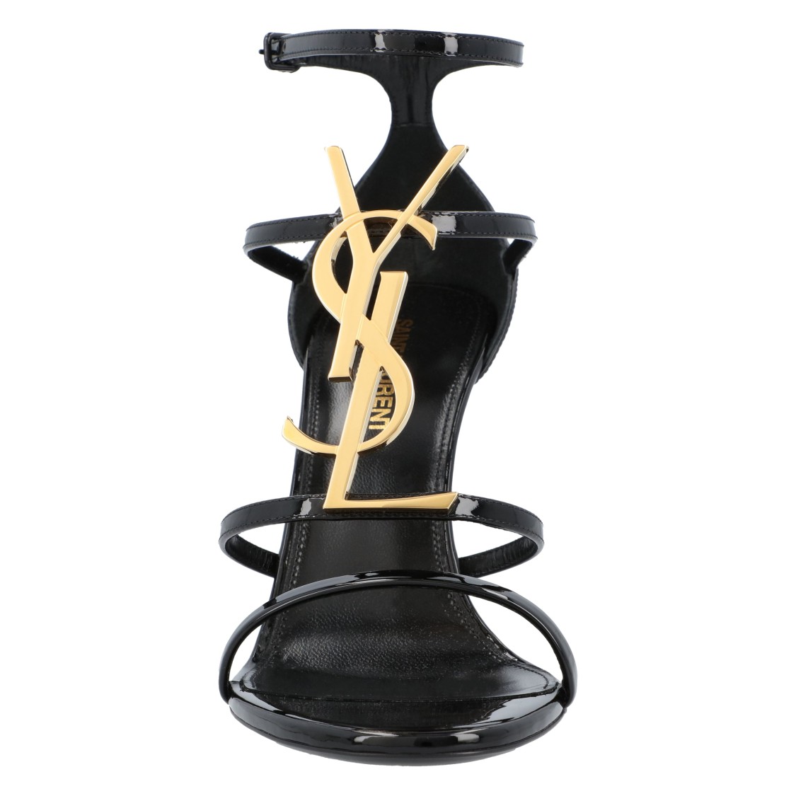 Saint Laurent Cassandra Sandals In Patent Leather With Gold-tone Monogram In Black