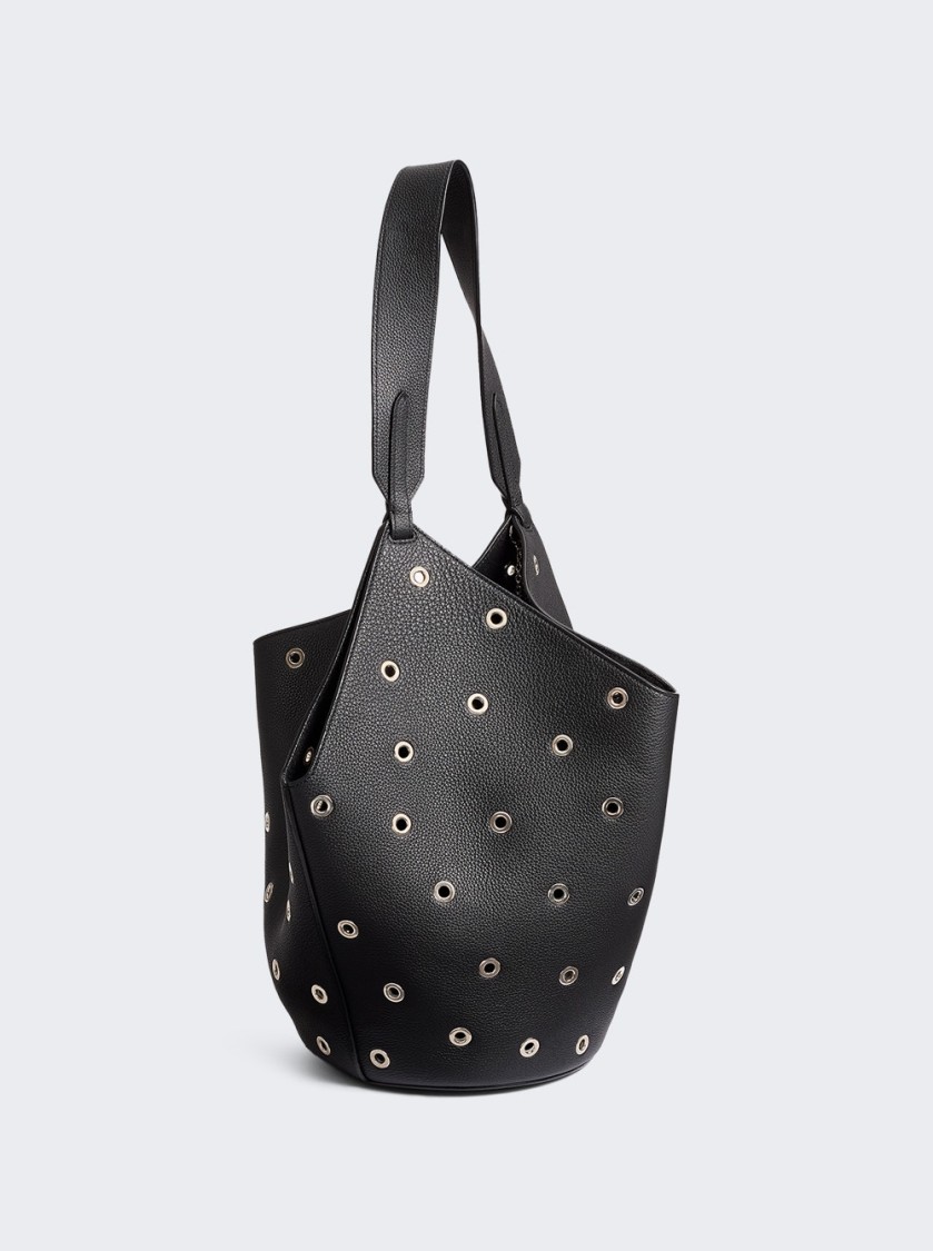 Khaite Lotus Small Tote Black Pebbled Leather With Grommets In Black
