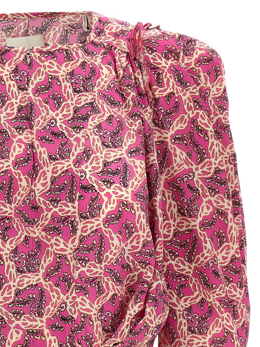 Isabel Marant Printed Blouse With Buttoned Cuffs And Ruched Shoulders In Pink