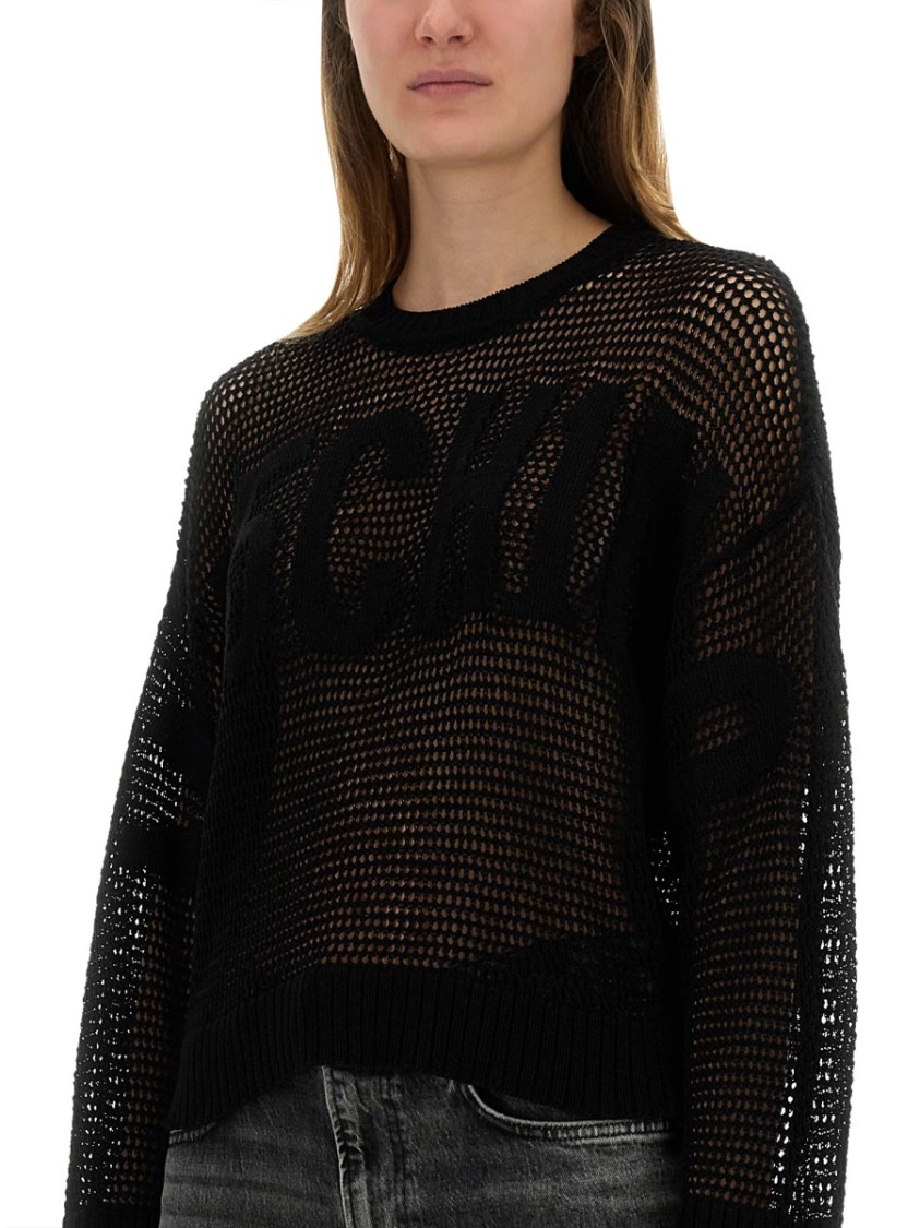 Moschino Logo Mesh Oversize Crew Neck Shirt In Black