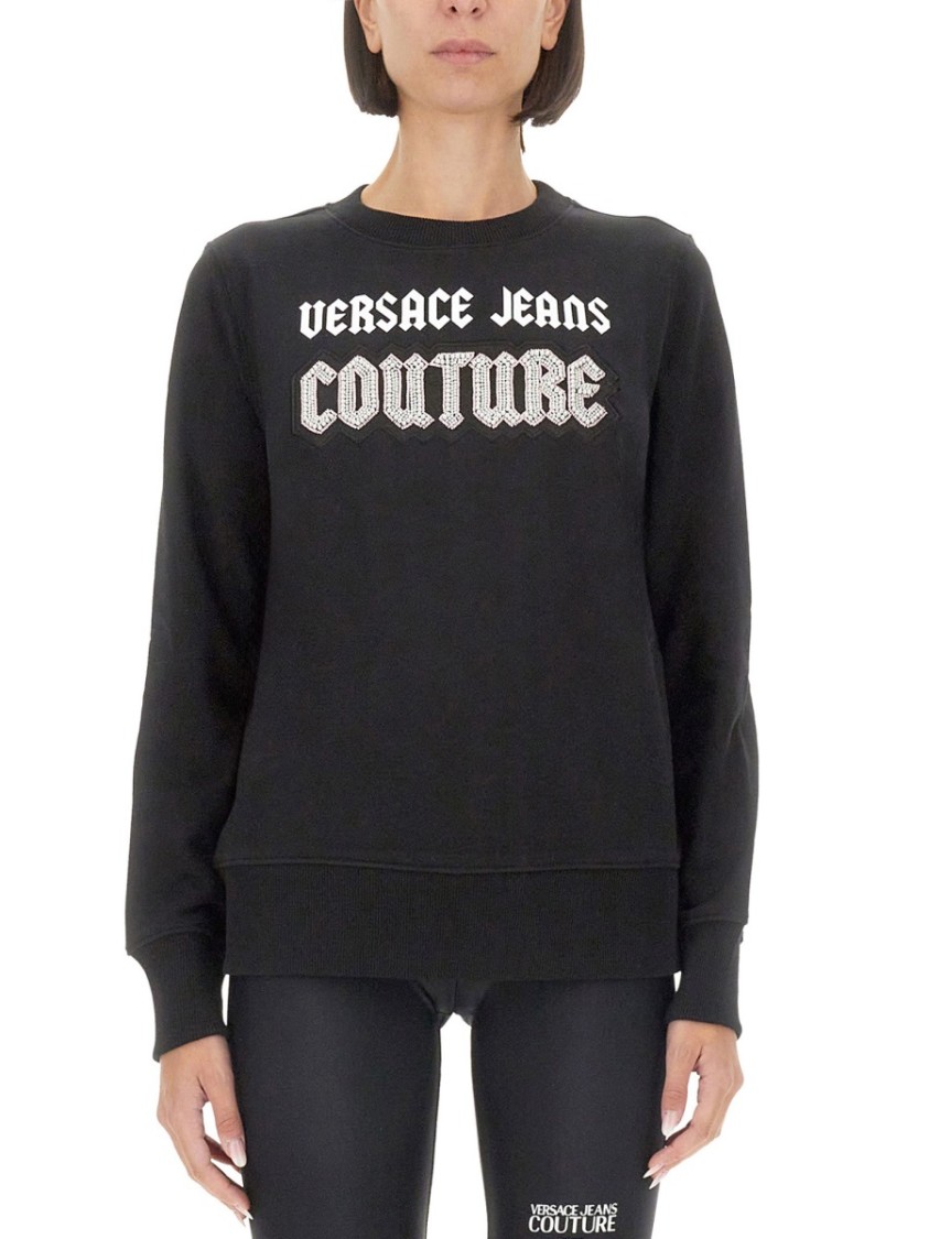 Shop Versace Jeans Couture Crew Neck Black Sweatshirt With Bold Logo