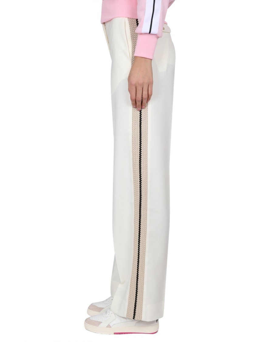 Palm Angels Wide Leg Wool Trousers With Side Stripe In White