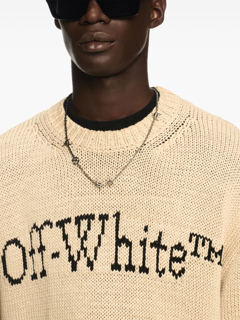 Off-white Relaxed Fit Beige Sweater With Ribbed Neckline In Brown