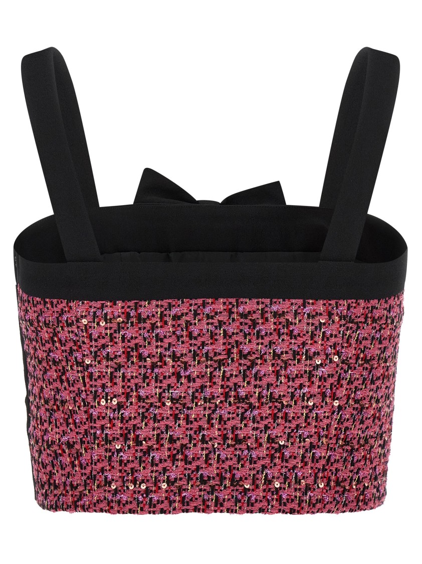 Alessandra Rich Wool Blend Tweed Top With Micro-sequin Embroidery And Bow Detail In Pink