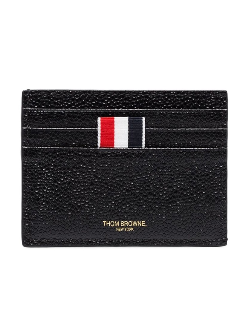 Thom Browne Textured Calfskin Leather Cardholder With Signature Striped Accent In Black