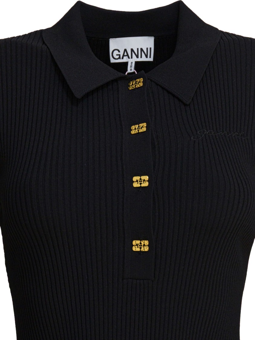 Ganni Black Flared Dress With Ribbed Details In Black
